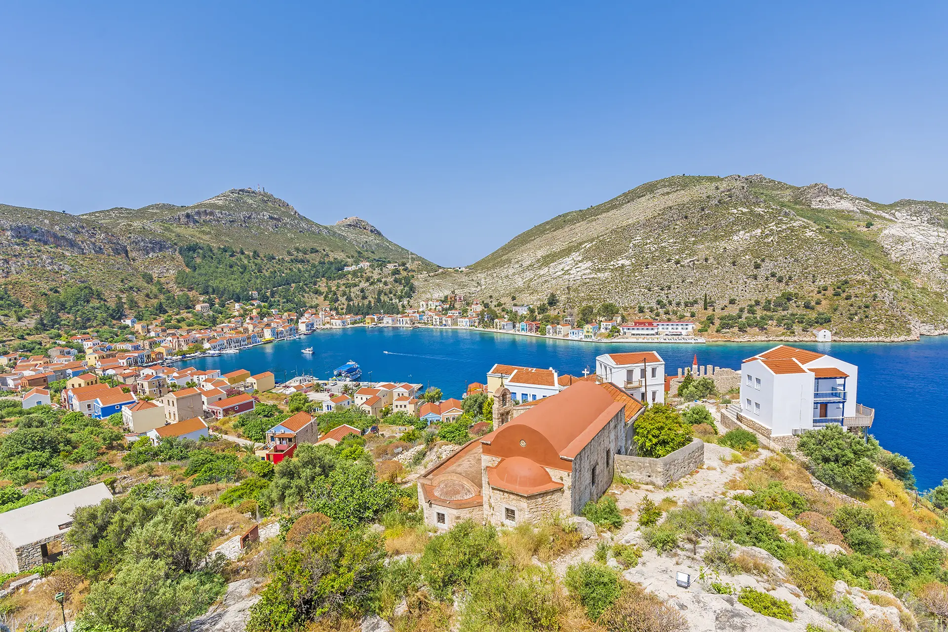 Kastellorizo island, Greece — vibrant harbourfront and turquoise waters on Greece's easternmost island.